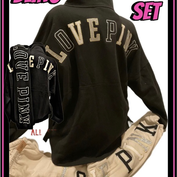 PINK Victoria's Secret Tops - NEW VICTORIAS SECRET PINK BLING VARSITY FULL ZIP & LEGGINGS or JOGGERS 2PC SET